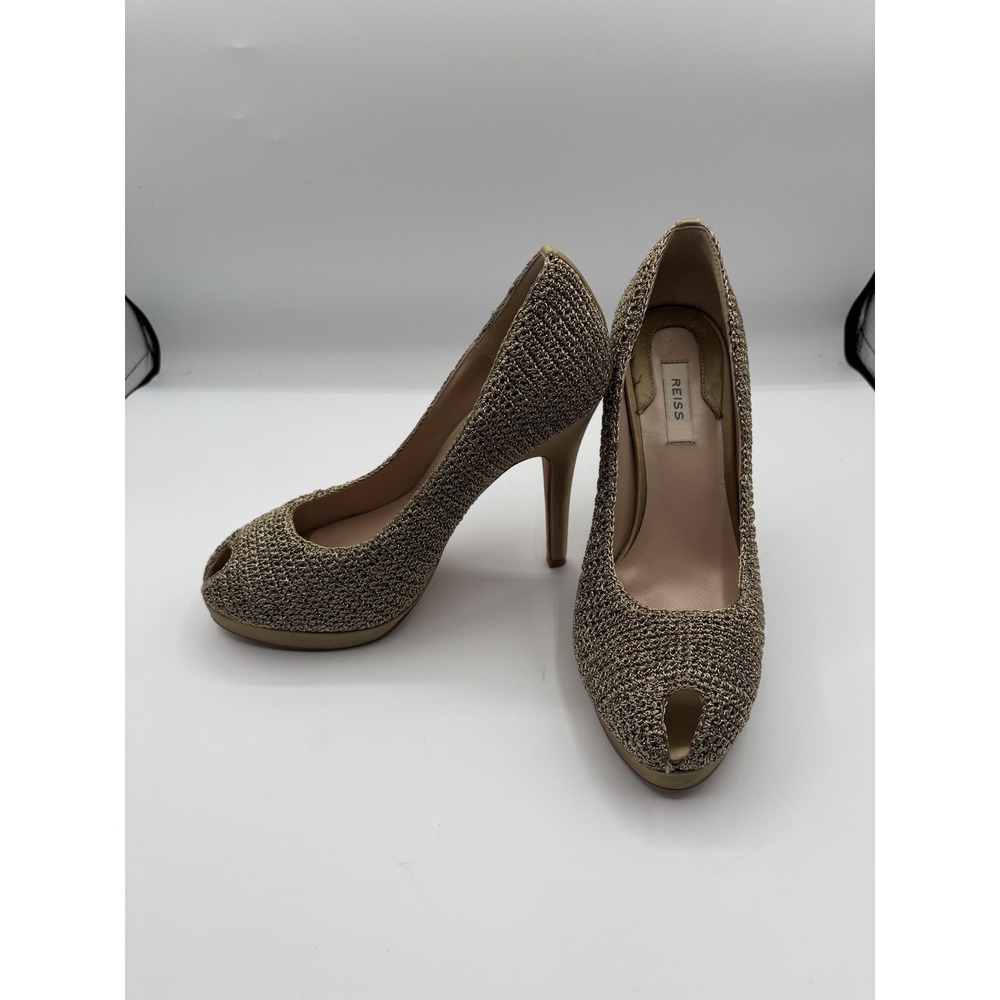 Reiss Gold Peep Toe Platform‎ Formal High Heel Pumps Size 38 Made In Italy
